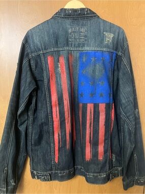 Escapism Men's Blue Distressed Denim Button Up Jacket Flag ON Back Size XL